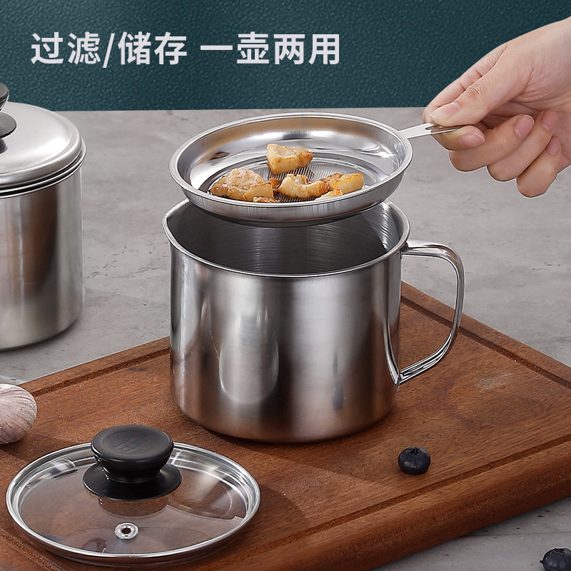 Southeast Asian Stainless Steel Oil Filter Cup with Lid for Household Use, Large Capacity Filter for Residue, Oil Storage, Lard Residue Filter Oil Cup Bottle
