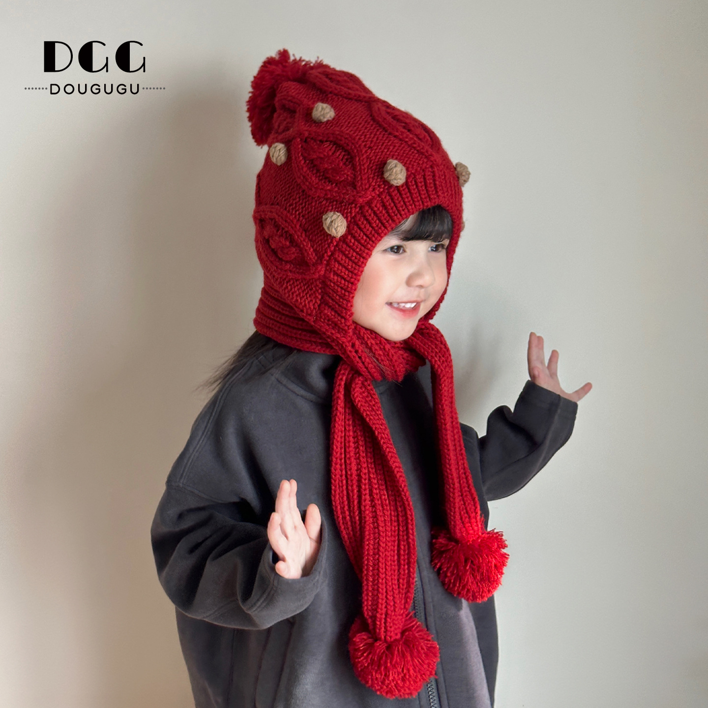 Winter Kidsren's Knitted Hat and Scarf All-In-One Fleece-Lined Warm Ear Protection Hat Korean Style New Year Red Girls' Woolen Hat