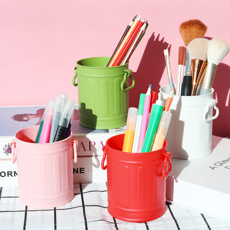 Plastic Pen Holder Ins Cute Funny Creative American Retro Small Bucket Desktop Office Stationery Student Makeup Brush