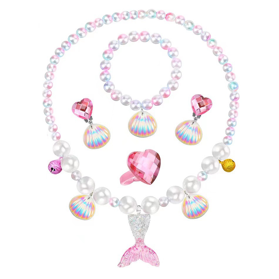 Cross-border children's necklace mermaid dazzling fishtail shell bracelet necklace earrings suit girl princess accessories