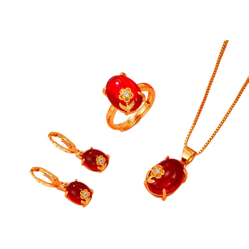 Authentic Vietnamese Sand Gold Inlaid Flower Gemstone Ring Earrings Necklace Jewelry Women's Stall Jewelry Luxury Set Long-Lasting
