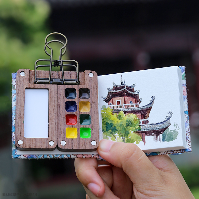 Beginner's Peach Wood Color Set Travel Mini Organizer Walnut Watercolor Sketching Paints Watercolor 8 Paint Box