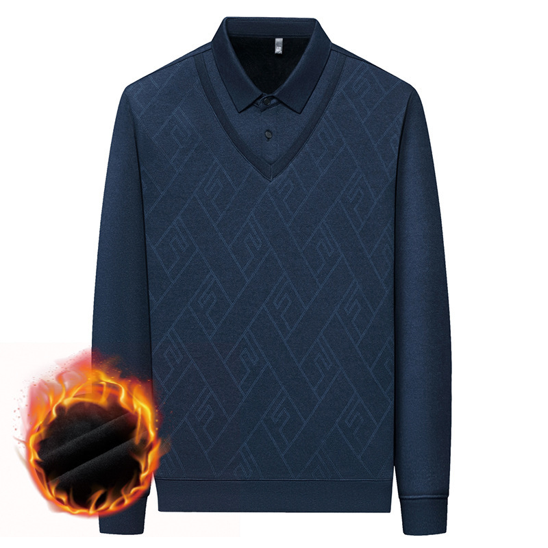 Men's fleece-lined fake two-piece men's autumn and winter new polo middle-aged dad warm base shirt a wholesale