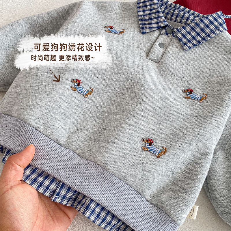 Children's Label Sweatshirt with Small Left and Right Patches, Winter Boys' Fashionable Turn-Down Collar Fleece Pullover, Baby Red New Year Outfit