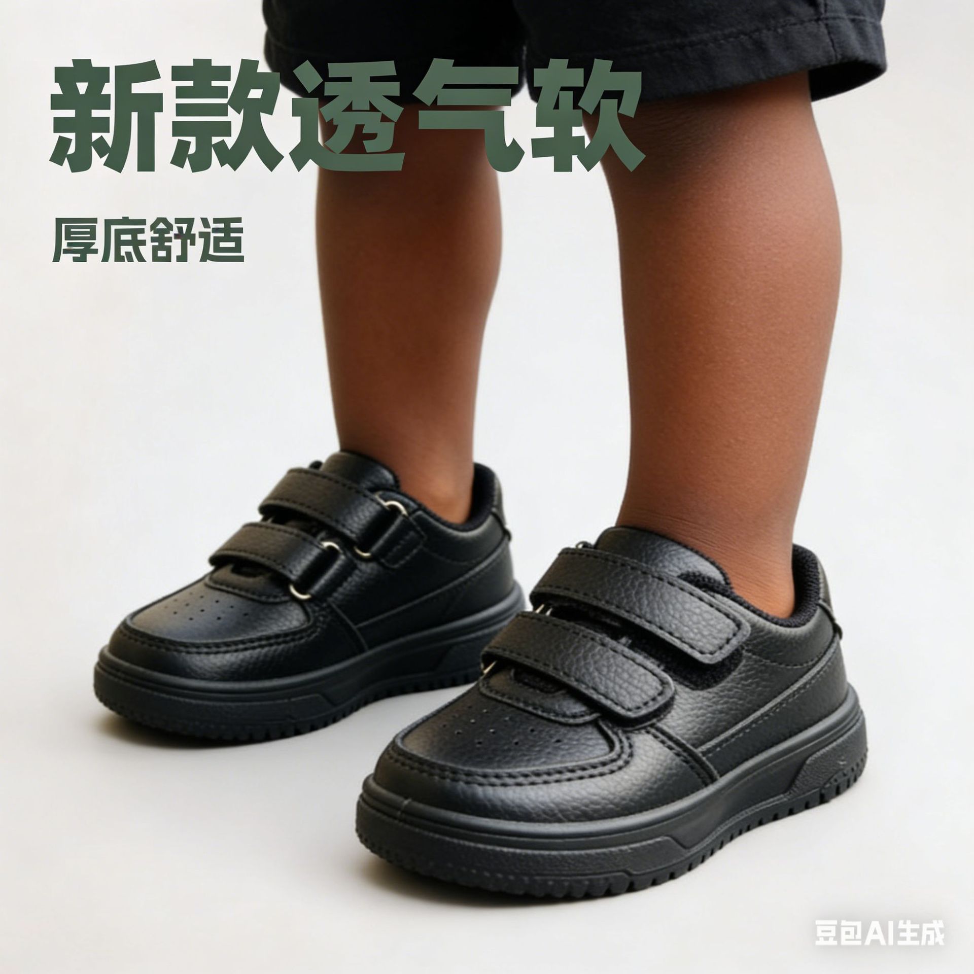 Children's Leather Shoes 2025 Black Thick-Soled Soft-Soled Breathable Student Shoes Sneakers Export School Shoes with Velcro