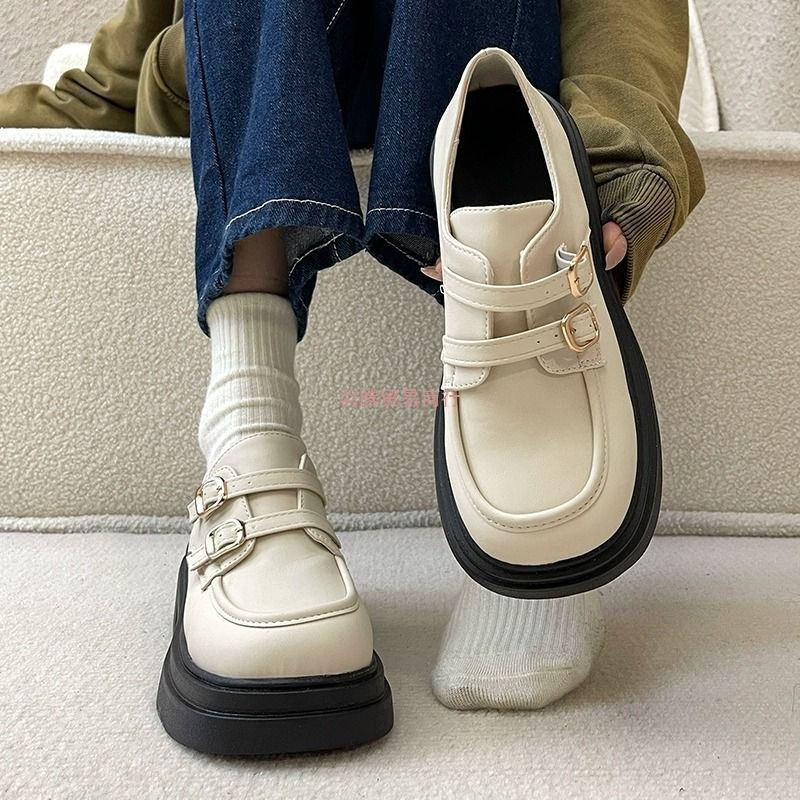 British Style Small Leather Shoes for Women 2025 New Soft Sole Thick Sole Heightening Outer Wear Women's Slip-On Platform Sole with Black Women