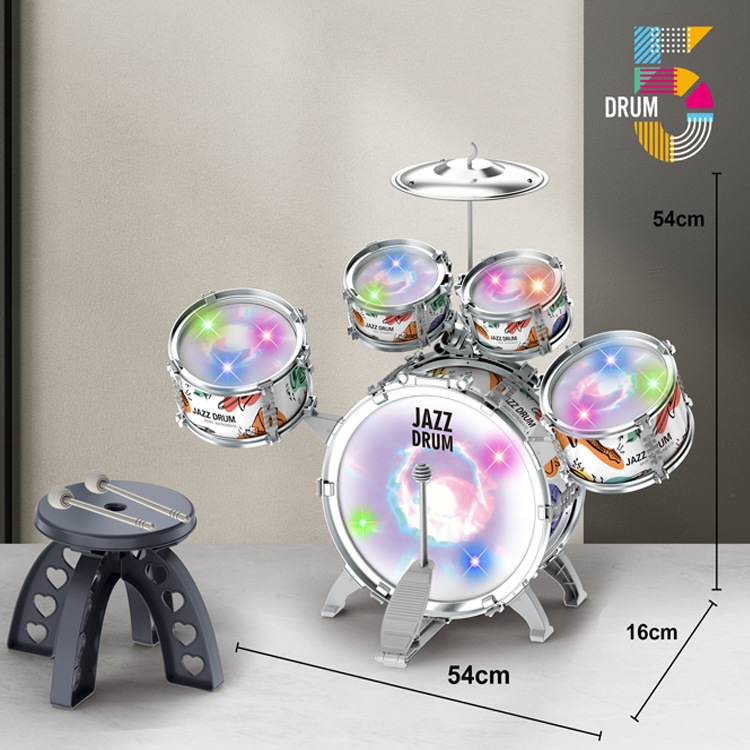 Детский джазовый набор барабанов, пять барабанов и один тарелка, с подсветкой, музыкальное просвещение для детей