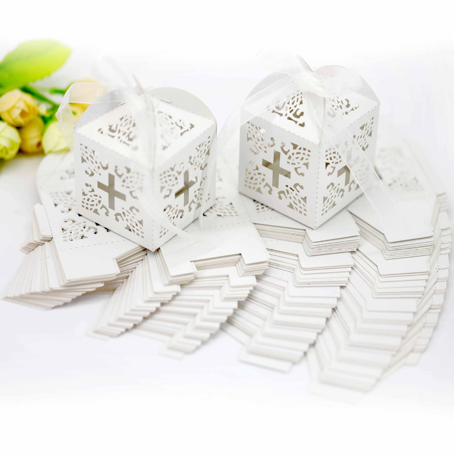 Cross-Border Wedding Cross Flower Ribbon Wedding Candy Box Wedding Laser Hollow White Pearlescent Paper Box Factory Ready Stock