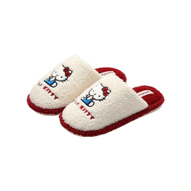 Authentic Kitty Cotton Slippers for Women Winter Indoor Household Non-Slip Warm Fleece-Lined Cartoon Sanrio Furry Slippers