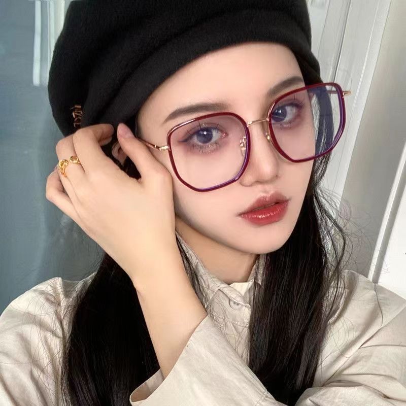Red Riding Book Explosions Anti-blue Light Glasses Women's Trendy Myopia Can be Equipped with Large Face Ultra Light Plain Face Flat Light Eye Frame
