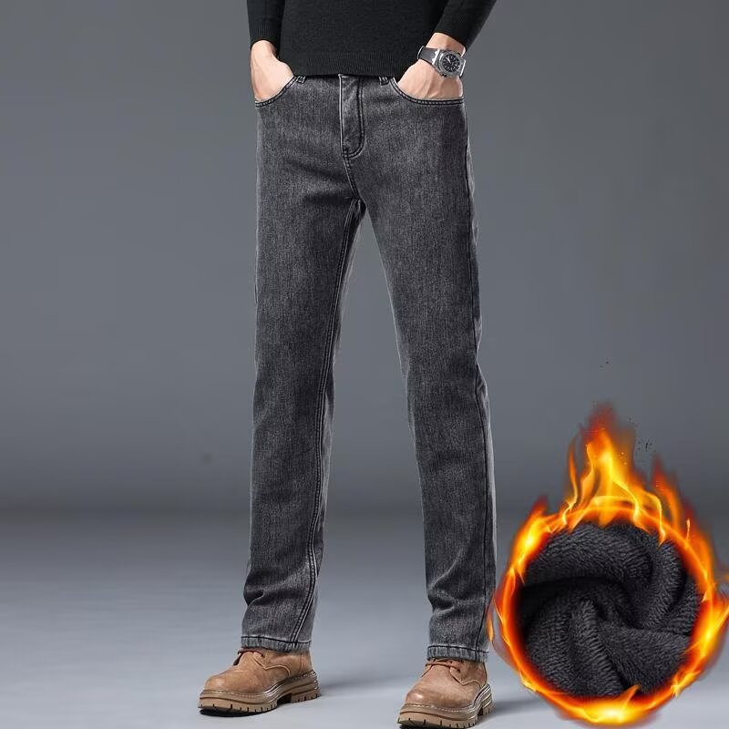 Autumn and Winter Velvet Jeans Stretch Slim Straight 2025 New Work Men's Pants Wear-Resistant Warm Casual Pants