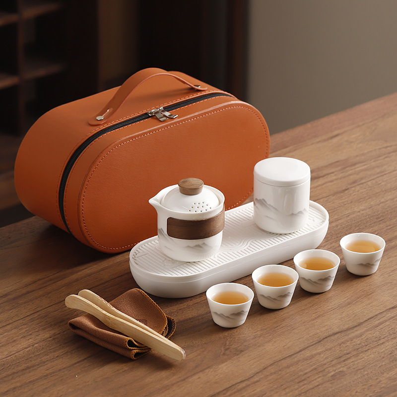 suede jade porcelain kung fu travel tea set tea cup suit light luxury convenient high-end outdoor advertising business activity gift