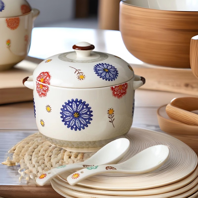 Japanese Underglaze Ceramic Stew Pot Hand-Painted Carp Relief Water-Proof Stew Pot with Lid Buddha Jumping Wall Dessert Bird's Nest Soup Cup