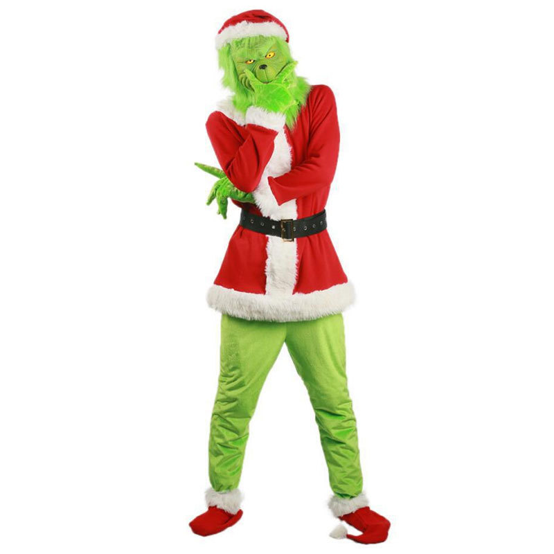 European and American Christmas Clothing for Adults and Kidsren, Green-Haired Monster Grinch Costume, Mask, Hood, Party Costume