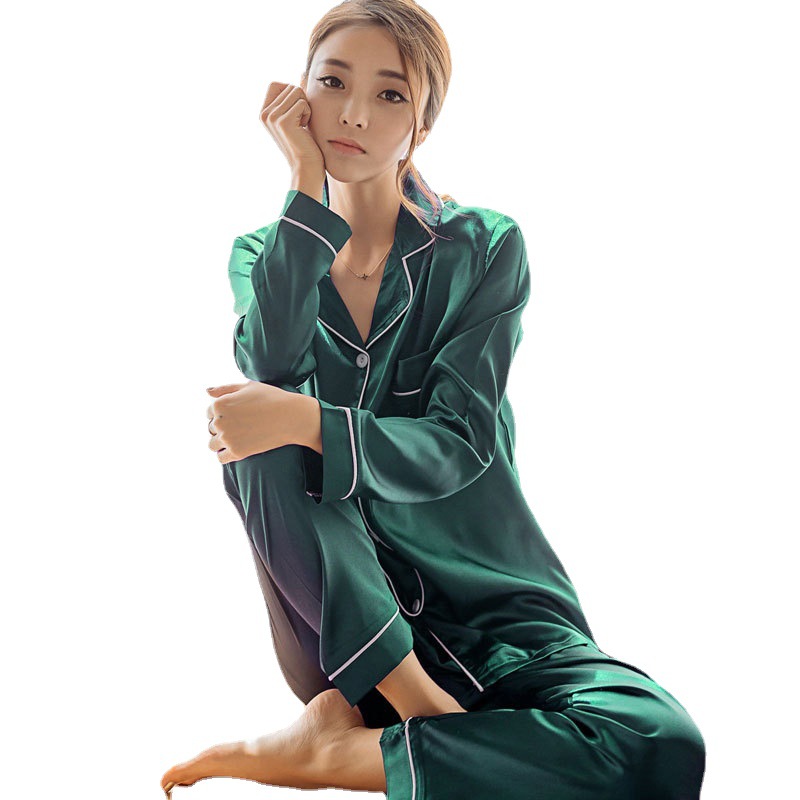 Imitation Silk Pajamas Women's Autumn Long-sleeved Ice Silk Two-piece Set Korean Casual Cardigan Silk Pajamas Outwear Home Clothes