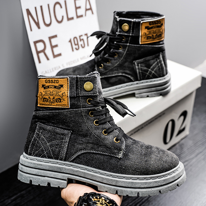 Cross-border Explosions plus size 48 Men's Shoes 2025 New Mid-top Shoes Denim Casual All-match Workwear Shoes Martins Boots
