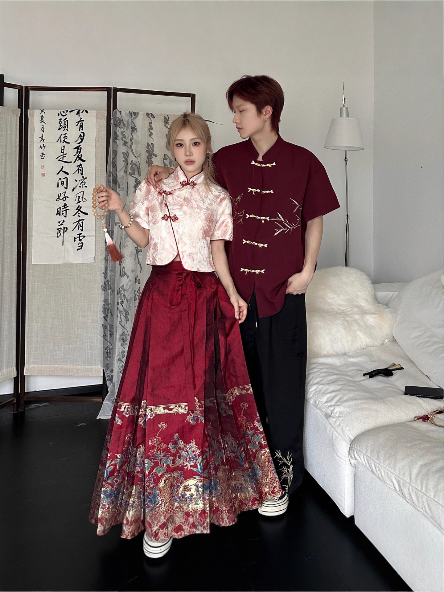 Chinese Tang Suit Men's Chinese Style Couple's Short Shirt High-End Retro Embroidered Han Dynasty Horse Face Skirt Loose Large Size