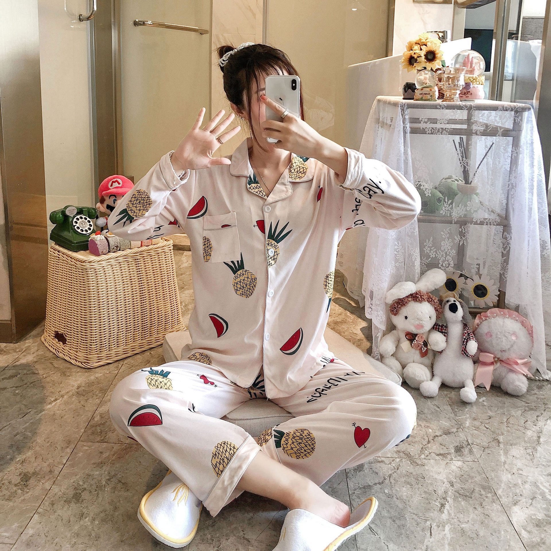 Foreign trade direct sales pajamas women's spring and autumn lapel long sleeve sweet cardigan sweet cartoon student ins home wear suit