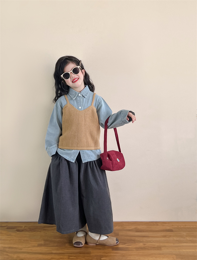 2026 Spring New Collection Korean Style Children's Clothing Girls' Fashionable Lapel Denim Shirt Baby Single-Breasted Top Shirt