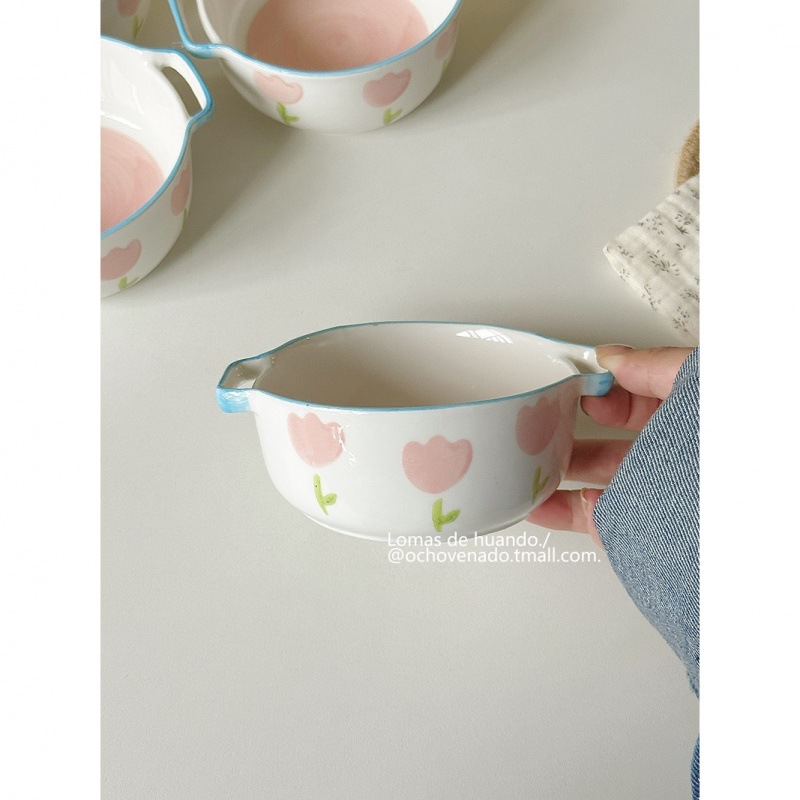 ins Style Cute Tulip Double Ear Small Bowl Household Rice Bowl Soup Bowl Baking Bowl Fruit Dessert Dew Bowl Underglaze Color