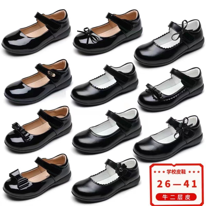 Girls Black Small Leather Shoes 2025 Spring and Summer British School Students Shoes Single-layer Shoes Children's Performance Bean Princess Shoes