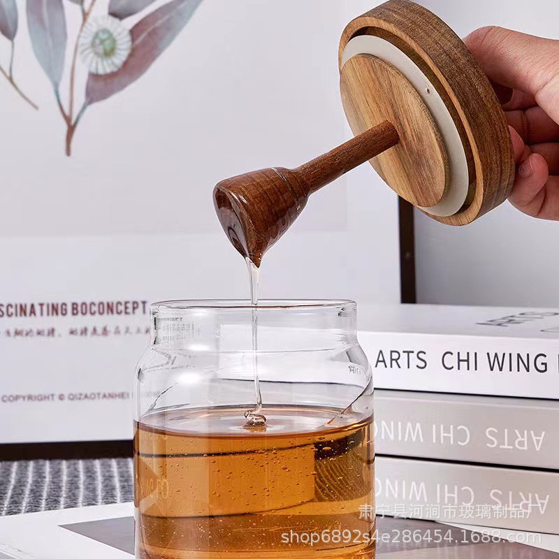 Wooden cover honey jar high-grade wooden stirring rod glass sealed jar factory wholesale transparent honey storage jar