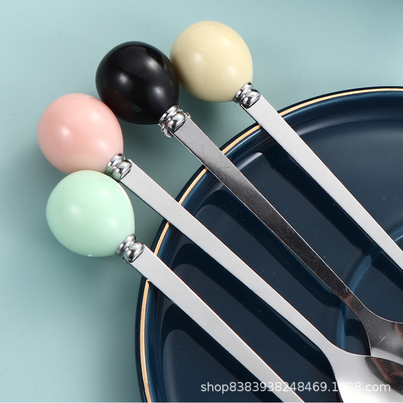 Stainless Steel Imitation Ceramic Handle Spoon Ins Macaron Color Spoon Creative Ball Stainless Steel Fruit Spoon Color Glaze