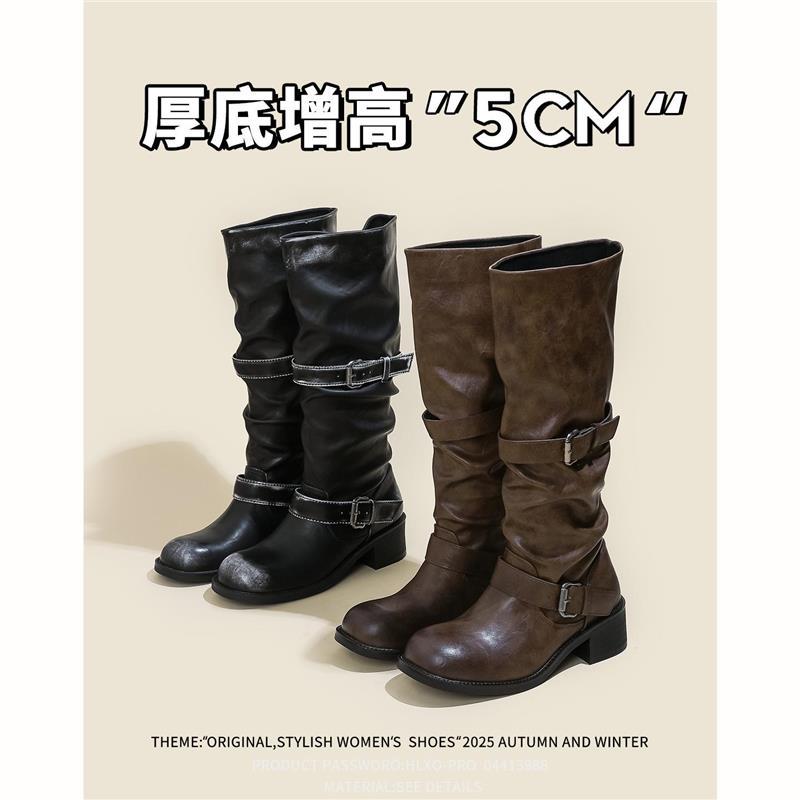 Sheepskin ~ Retro Double-Button Western Boots for Women 2025 New Versatile Distressed Knight Boots Thick-Soled Boots for Women Autumn