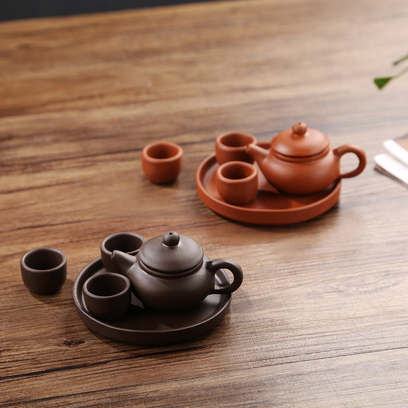 Mini Purple Sand Small Teapot Fingertip Pot Tea Pet Smoke Tea Drink Ornaments Children's Kung Fu Tea Set Tea Tray Tea Cup suit