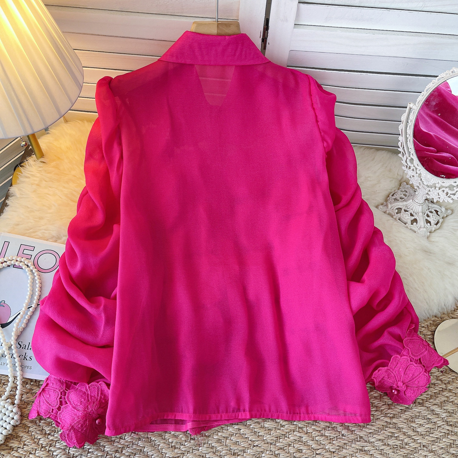 Internet Celebrity Same Style 2024 Autumn Niche Entry Luxury Heavy Industry Hollow Flower Embroidery Pleated Lantern Sleeve Slim Shirt for Women