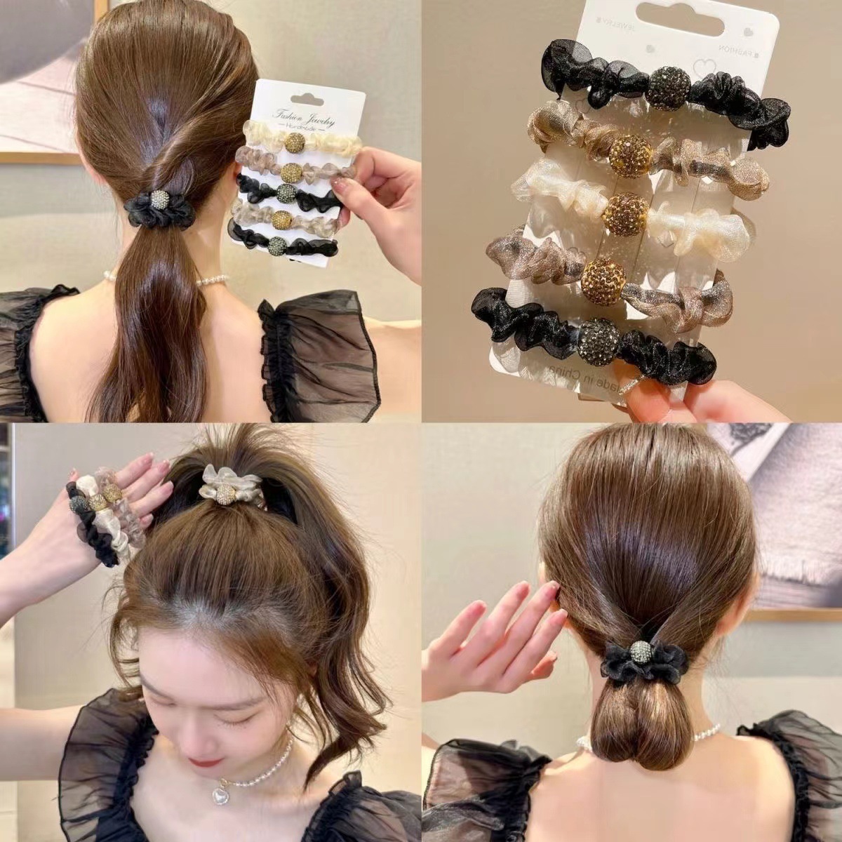 European and American Cross-Border Hair Ties, Internet Celebrity Large Intestine Rings, Leopard Print Headbands, Rhinestone High Elastic Hair Ties Wholesale