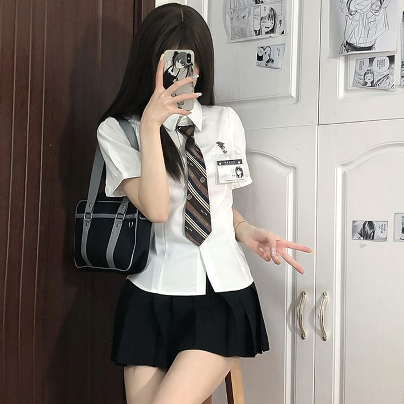 Waist Jk Uniform Shirt Female Pure Lust Sexy Long-Sleeved Female Preppy Style Gray White Shirt Slim Top