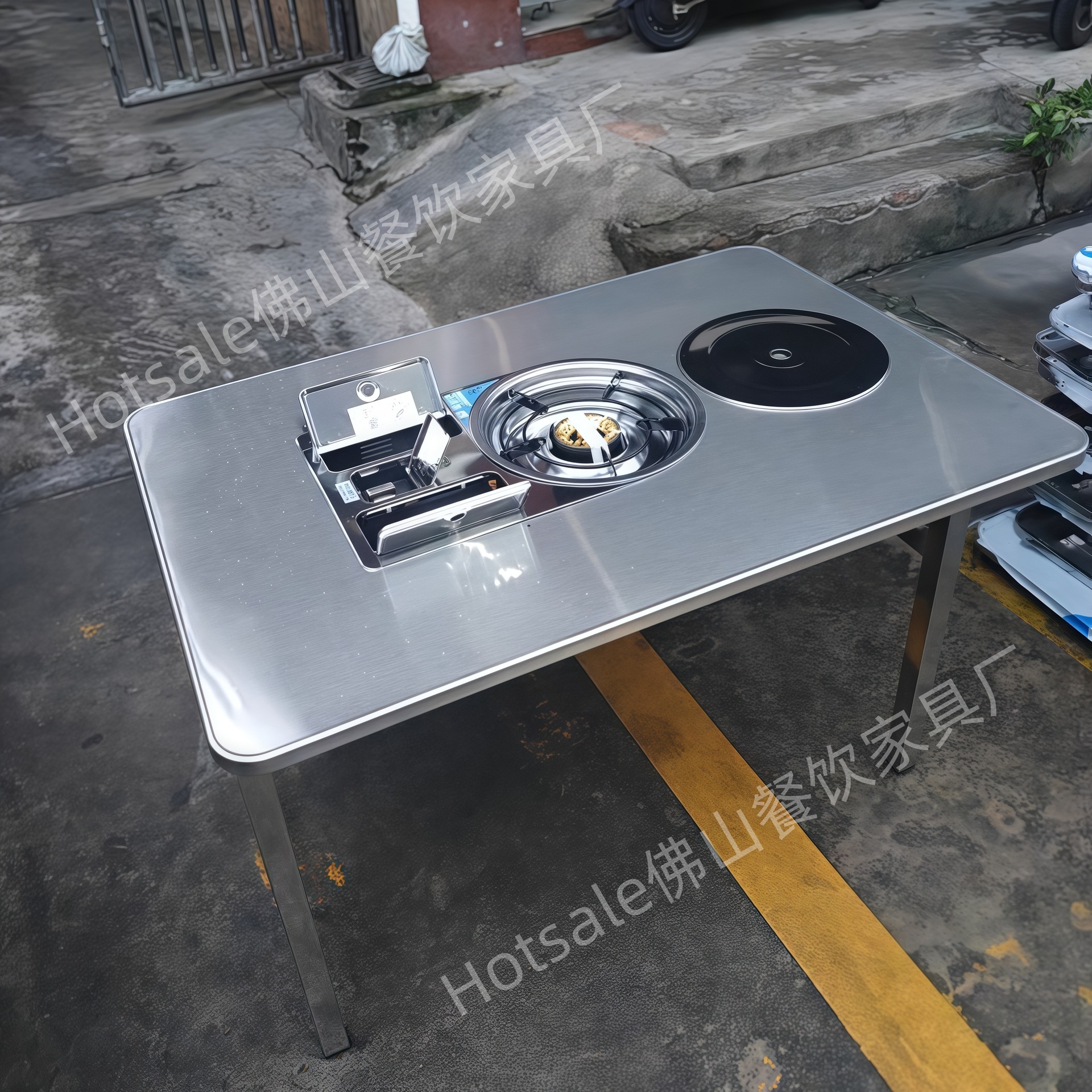 Стол для хот-пота из нержавеющей стали, барбекю, коммерческий складной стол, маленький круглый стол и стулья, встроенная защита от газа