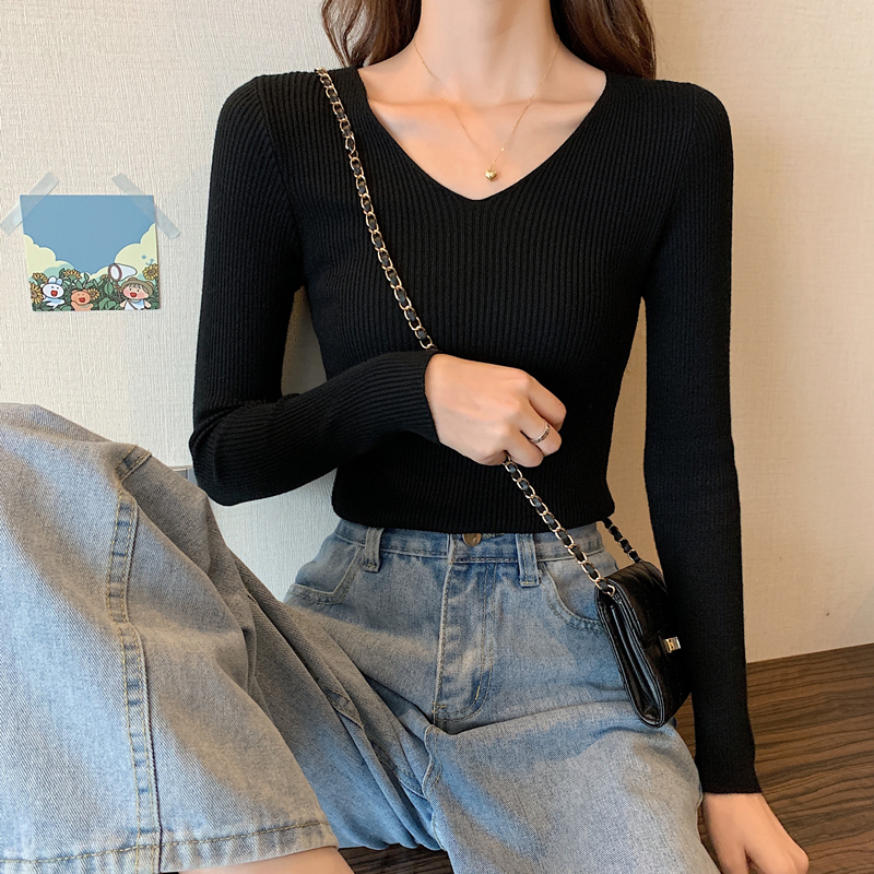 Autumn and Winter New Slim-Fitting V-Neck Long-Sleeved Inner Knitwear Tops Spring & Fall Style Knitwear Women's Bottoming Shirts