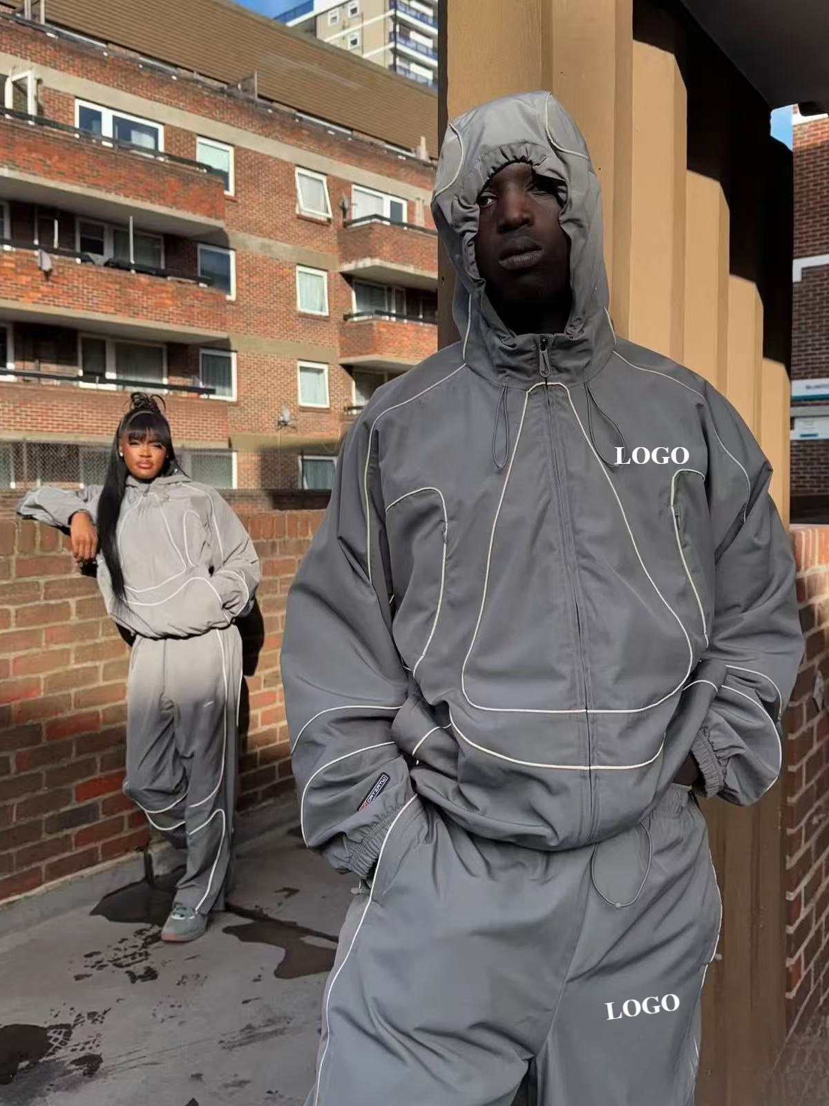 Cross-Border Nk Alcatraz Co-Branded Hook Jacket Jacket Hooded Men's and Women's Windbreaker Waterproof Reflective Strip Top Pants