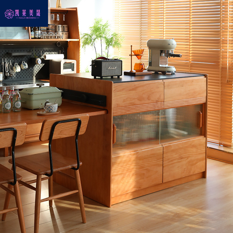 Solid Wood Nordic Island Table Set for Home Use, Integrated Dining Table, Extendable, Simple and Multifunctional Storage, Natural Wood Color