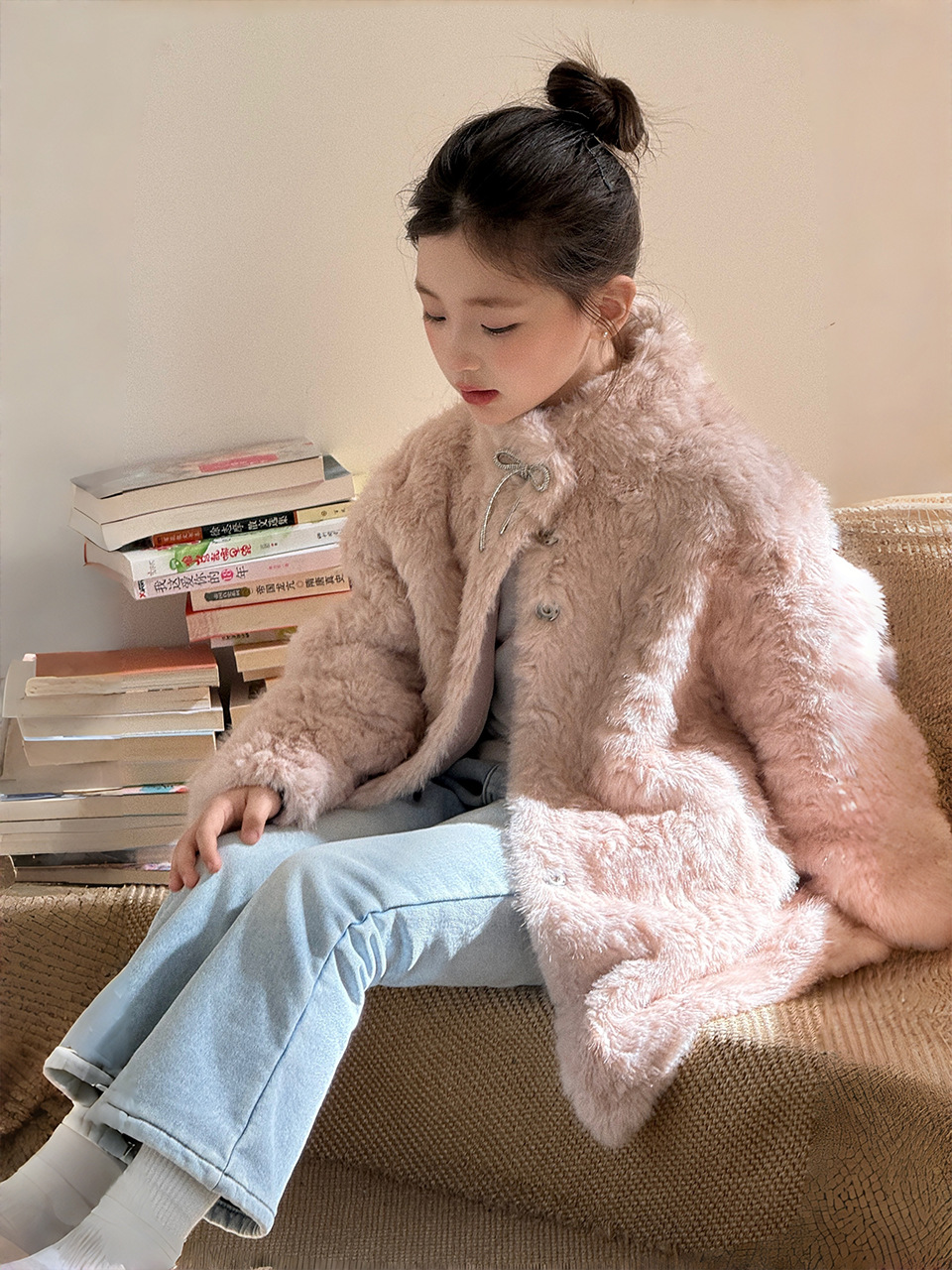 Moon Shadow Girl Fur Coat Imitation Fur Girls' Clothing Thickened Mink Velvet Mid-Length Fur Children's Winter Coat