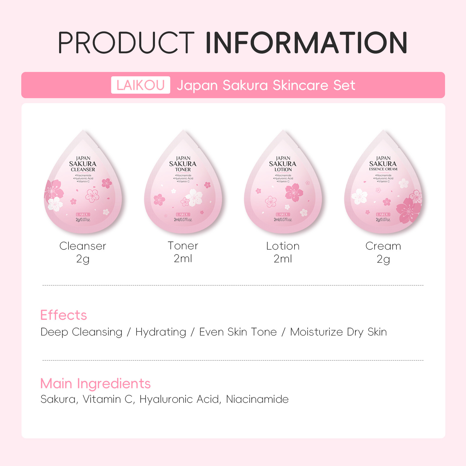 Laikou Japanese Cherry Blossom Set 4-Piece Trial Pack 2g Facial Cleanser, Lotion, and Cream Skincare Products