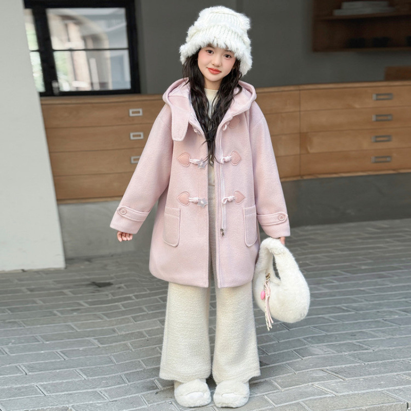 Детская куртка для девочек, осень и зима 2025, утолщенная, средней длины, розовая шершавая куртка с капюшоном