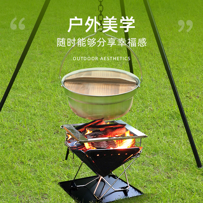 New Hanging Pot Outdoor Camping Stainless Steel Pot Multi-Functional Pot Cooking Pot Soup Pot Around the Stove Hot Pot Camping Kitchen Utensils