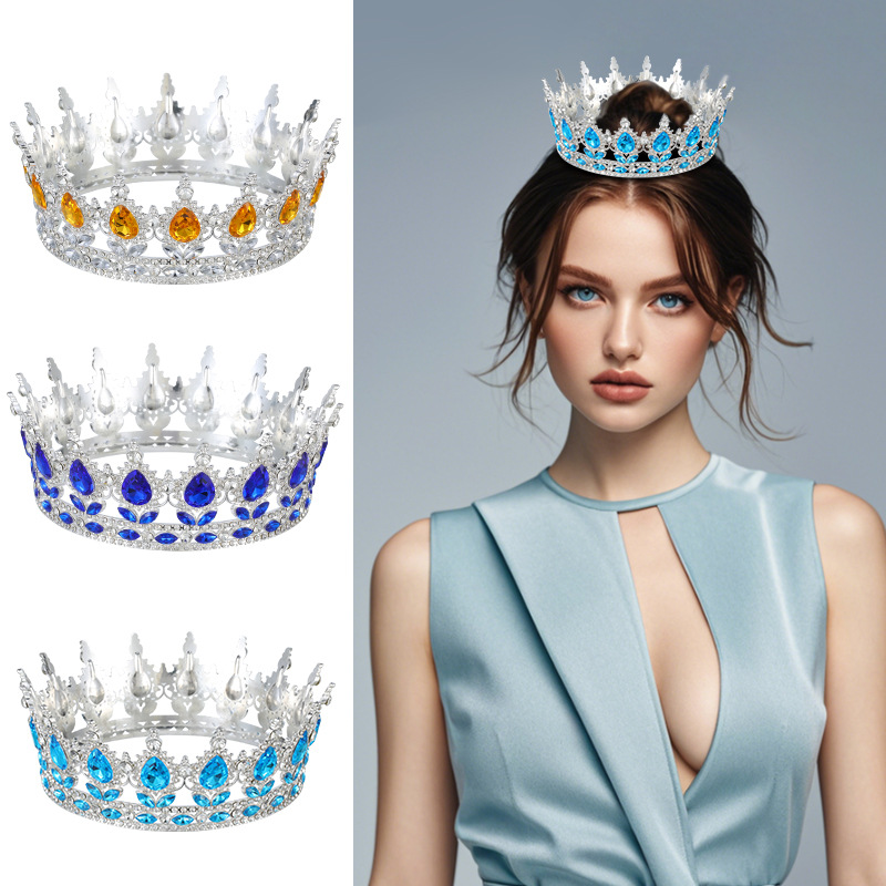 European and American Cross-border Baroque Alloy Water Drop Crown Headwear Bridal Wedding Photography Accessories Full Round Adult Ceremony Headwear