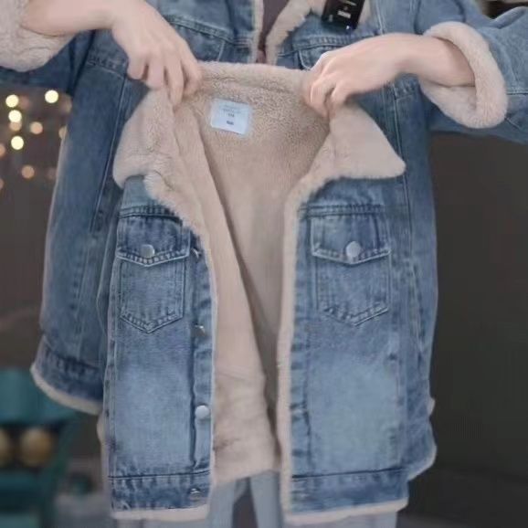Girls' Denim Jacket with Fleece Lining, Thickened for Autumn and Winter, New Trendy Fashion for Older Children, Warm Outerwear for Elementary School Students, Korean Style