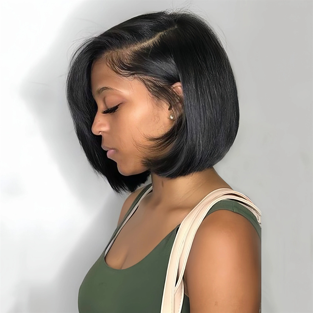 Cross-border foreign trade African wig women's side points bobo short straight hair European and American fashion black short hair high temperature silk full head cover