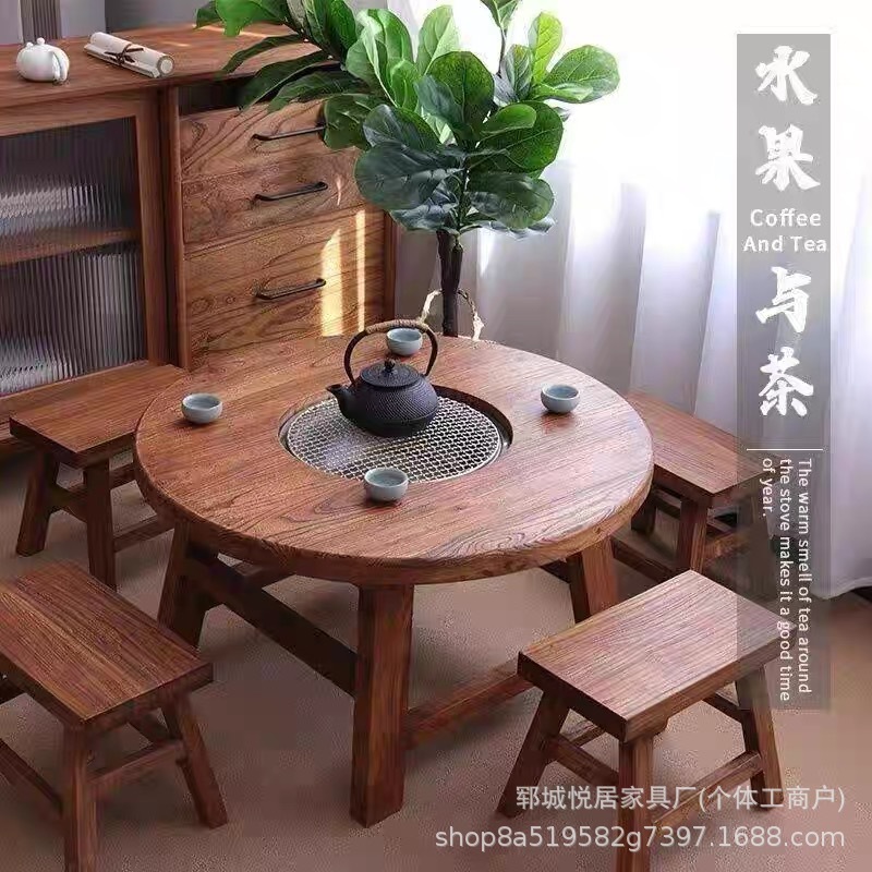 Surprise Style Old Elm Hot Pot Table Courtyard Balcony Zen Barbecue Tea Table Log Stove Tea Table Stove Table