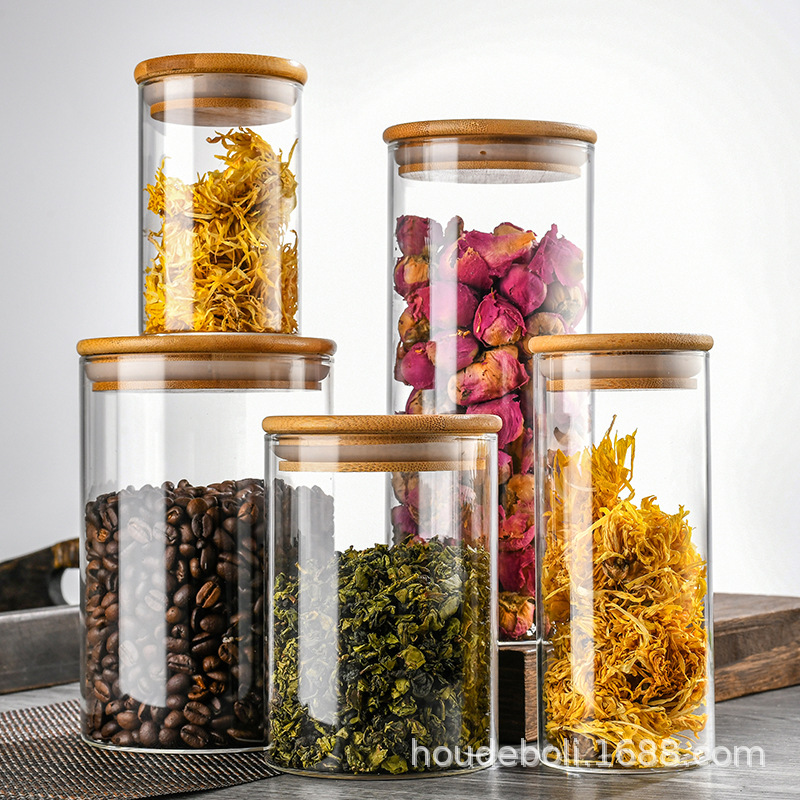 Manufacturer Glass Sealed Jar Kitchen Transparent Storage Jar Bamboo Lid Food-Grade Glass Jar Moisture-Proof Sealed Storage Jar