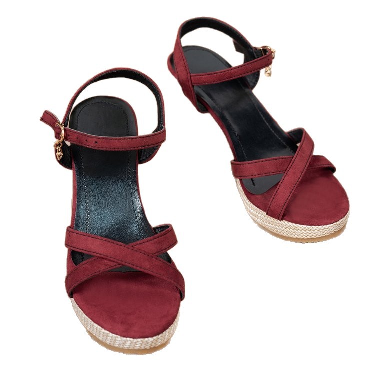 2023 Cross-border Cross-word Buckle with Hemp Rope Comfortable Summer New Wedge Sandals Open Toe Foreign Trade Women's Shoes Batch