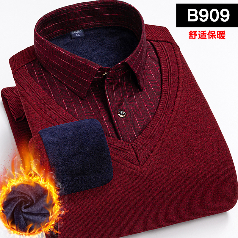 Cotton-added Middle-aged Thermal Underwear Men's Velvet-added Thickened Middle-aged High-end Fake Two-piece Top for Dad Warm Sweater