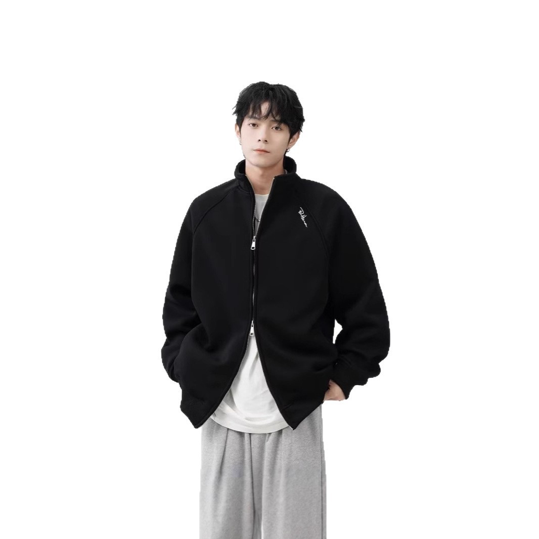 Autumn and Winter Men's Korean Retro Pure Color Stand-Up Collar Casual Jacket Men's Trendyy American Loose Zipper Sweatshirt Jacket