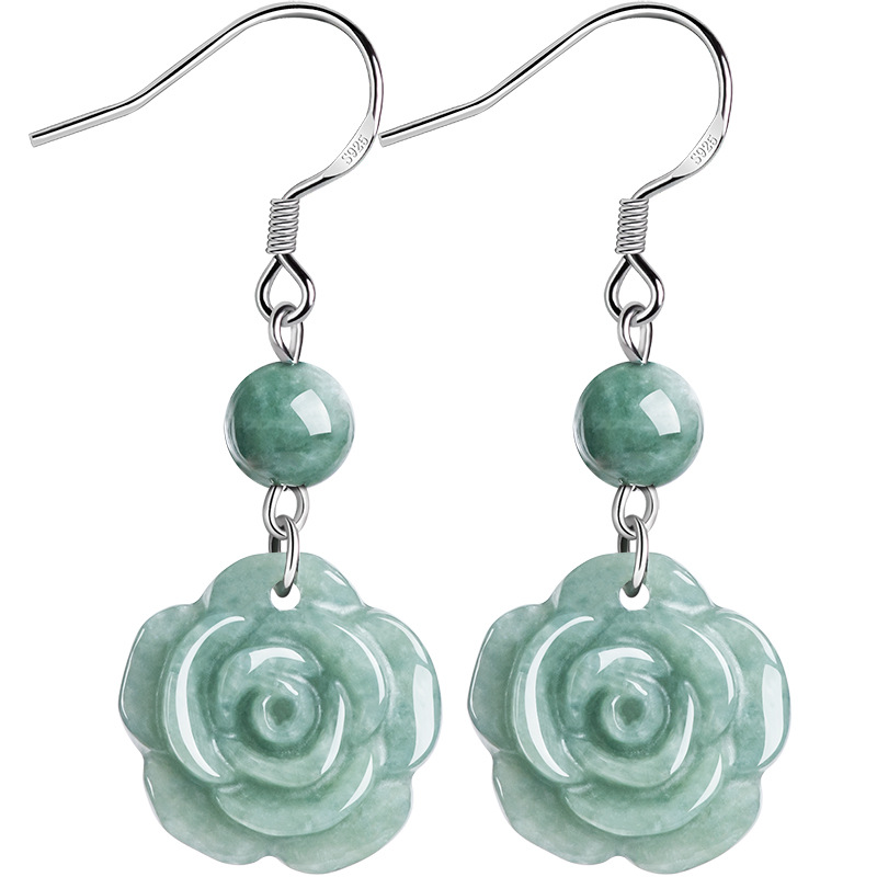 genuine goods natural A goods jade beans green rose earrings S925 silver ice jade stone fashion women's earrings earrings