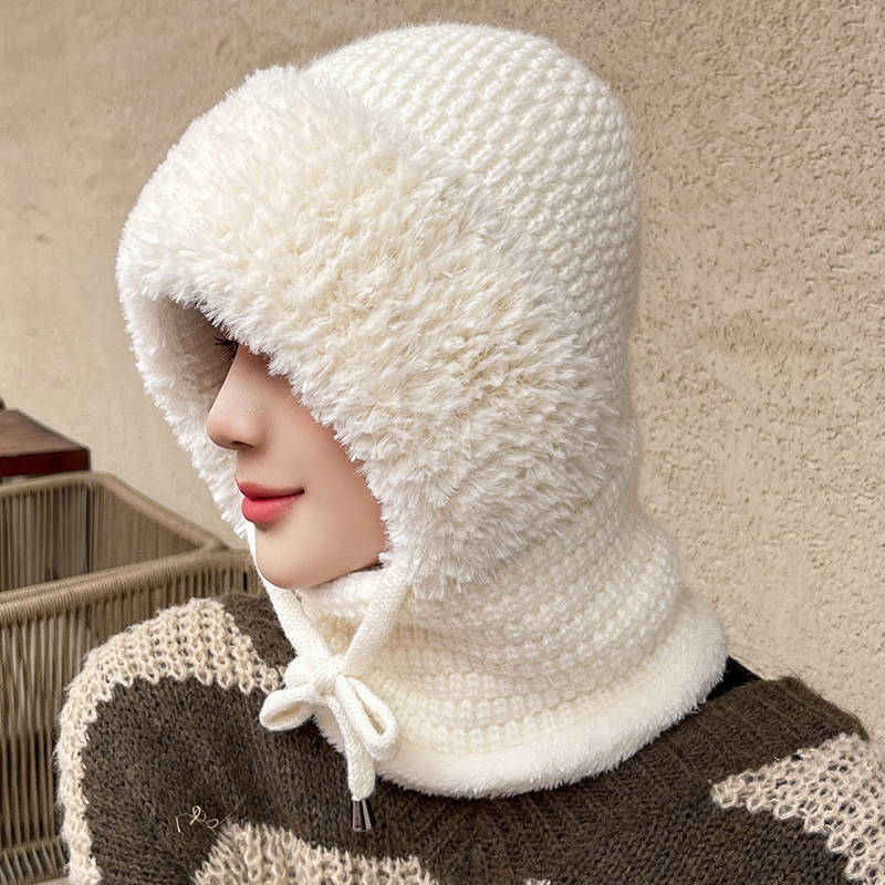 Temu New Multifunctional Knitted Wool Hat Amazon Windproof Fleece-Lined Thickened Warm Integrated Hat for Women with Large Head Circumference